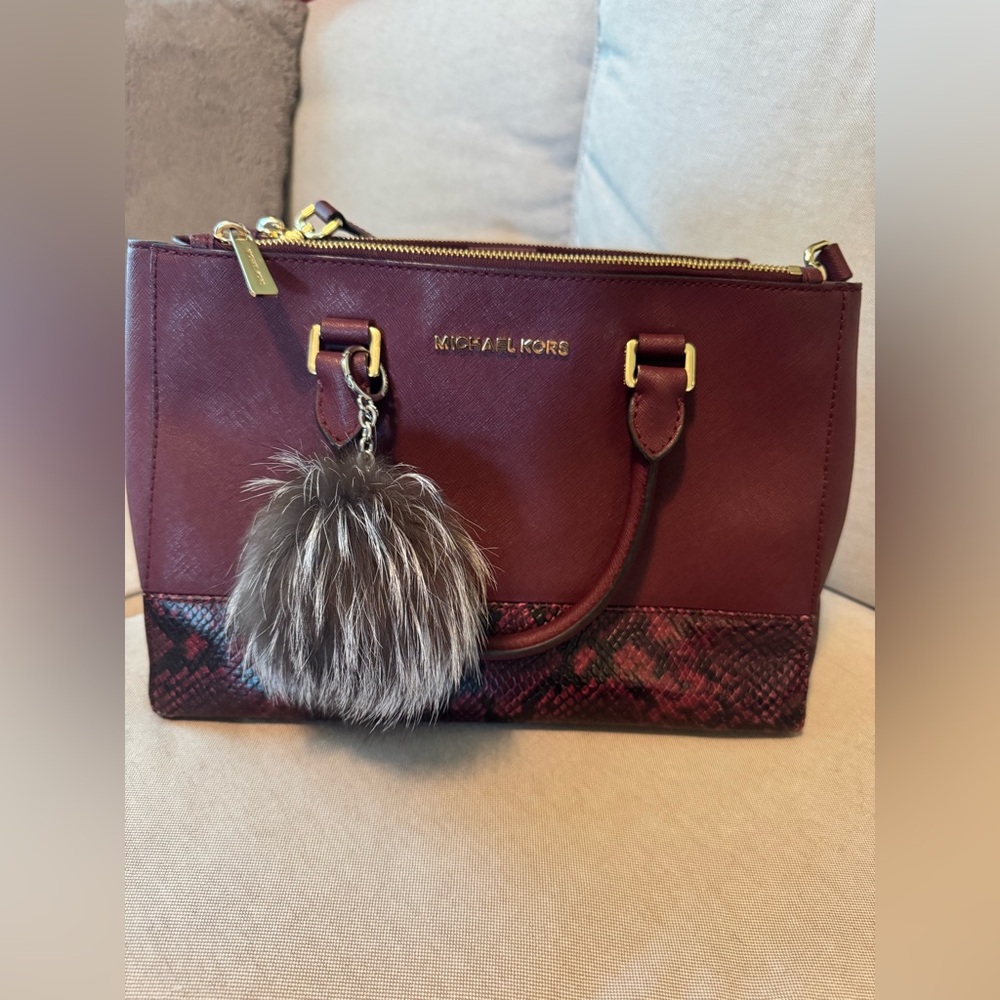 Michael Kors Maroon Tote & wallet with Fur Pom-Pom